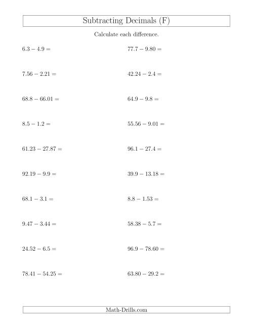 The Subtracting Decimals With Up to Two Places Before and After the Decimal (F) Math Worksheet