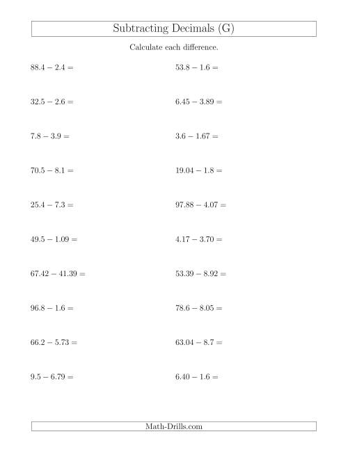 The Subtracting Decimals With Up to Two Places Before and After the Decimal (G) Math Worksheet