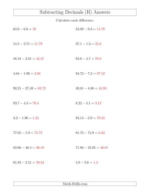 The Subtracting Decimals With Up to Two Places Before and After the Decimal (H) Math Worksheet Page 2