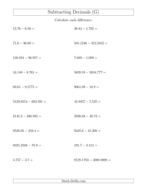 The Subtracting Decimals With Up to Four Places Before and After the Decimal (G) Math Worksheet