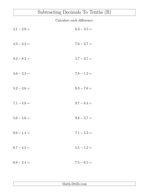 The Subtracting Decimals to Tenths Horizontally (B) Math Worksheet