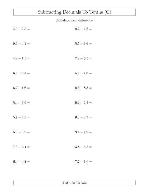 The Subtracting Decimals to Tenths Horizontally (C) Math Worksheet