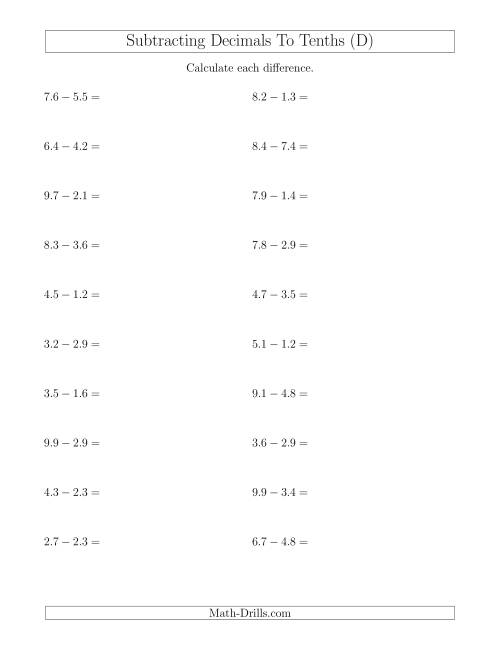 The Subtracting Decimals to Tenths Horizontally (D) Math Worksheet