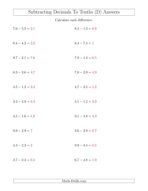 The Subtracting Decimals to Tenths Horizontally (D) Math Worksheet Page 2