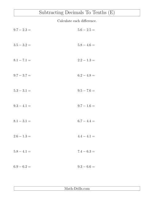 The Subtracting Decimals to Tenths Horizontally (E) Math Worksheet