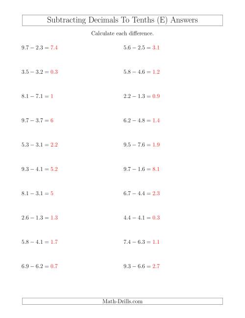 The Subtracting Decimals to Tenths Horizontally (E) Math Worksheet Page 2
