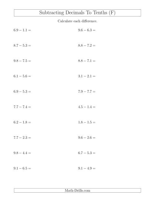 The Subtracting Decimals to Tenths Horizontally (F) Math Worksheet