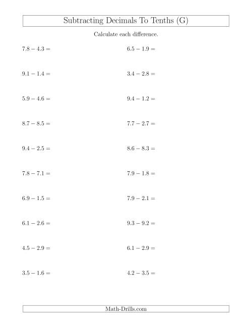 The Subtracting Decimals to Tenths Horizontally (G) Math Worksheet