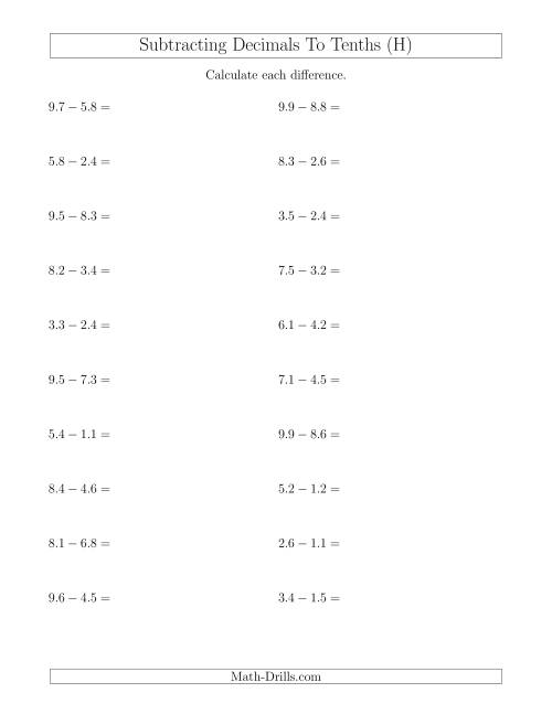 The Subtracting Decimals to Tenths Horizontally (H) Math Worksheet