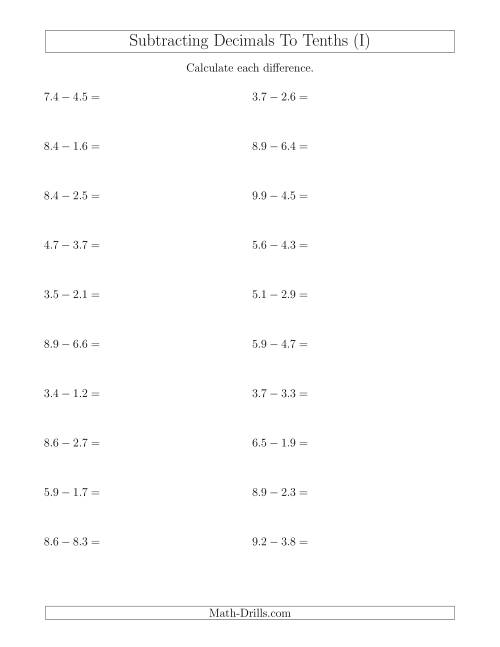 The Subtracting Decimals to Tenths Horizontally (I) Math Worksheet