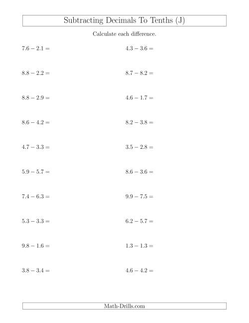 The Subtracting Decimals to Tenths Horizontally (J) Math Worksheet