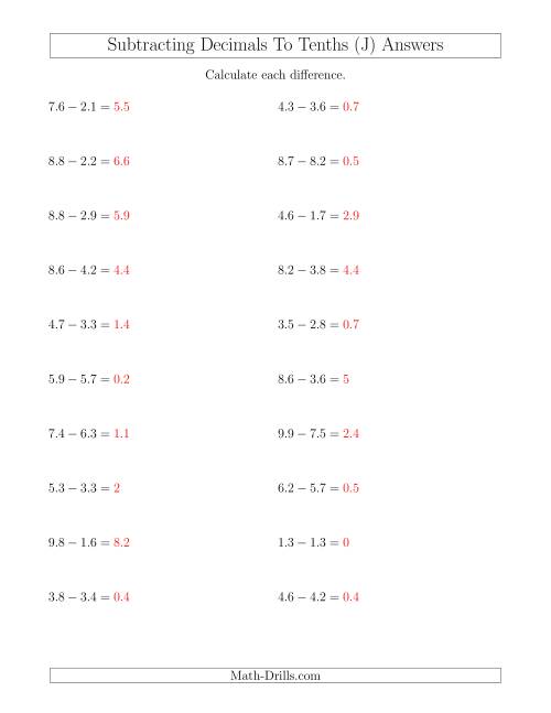 The Subtracting Decimals to Tenths Horizontally (J) Math Worksheet Page 2