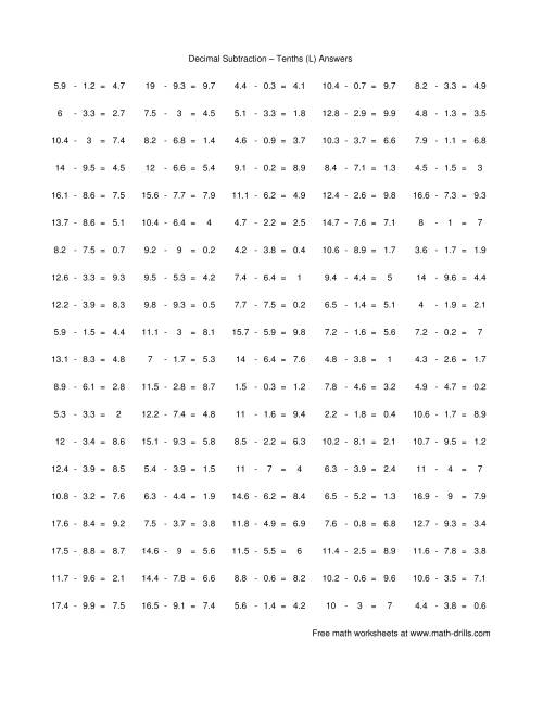 The Subtract Decimal Tenths (L) Math Worksheet Page 2