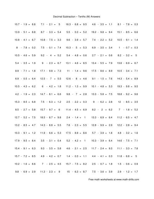 The Subtract Decimal Tenths (M) Math Worksheet Page 2