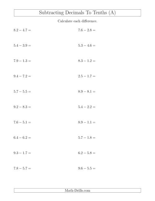 The Subtracting Decimals to Tenths Horizontally (All) Math Worksheet