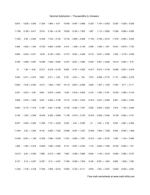 The Subtract Decimal Thousandths (L) Math Worksheet Page 2