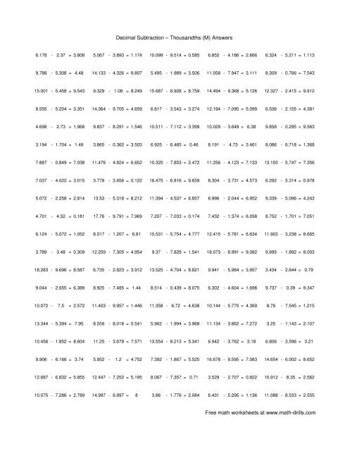 The Subtract Decimal Thousandths (M) Math Worksheet Page 2