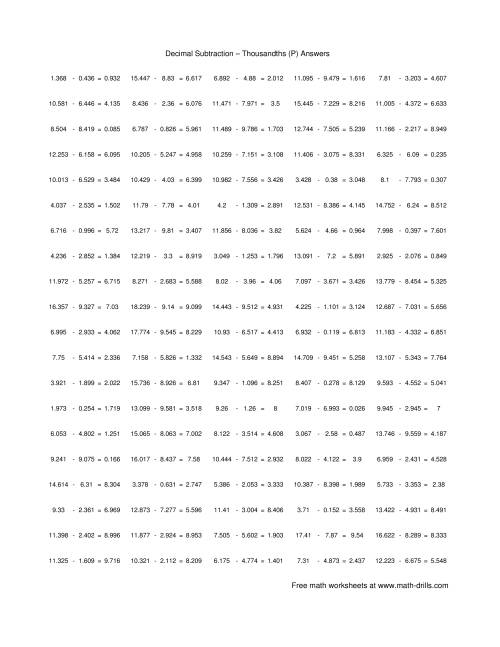 The Subtract Decimal Thousandths (P) Math Worksheet Page 2