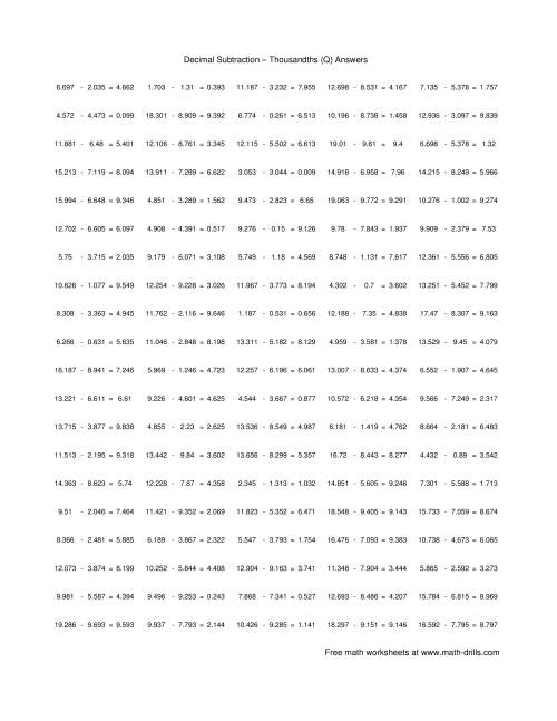 The Subtract Decimal Thousandths (Q) Math Worksheet Page 2