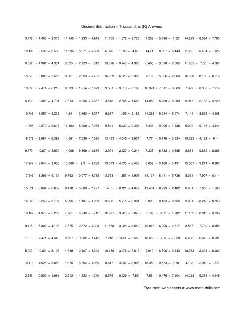 The Subtract Decimal Thousandths (R) Math Worksheet Page 2