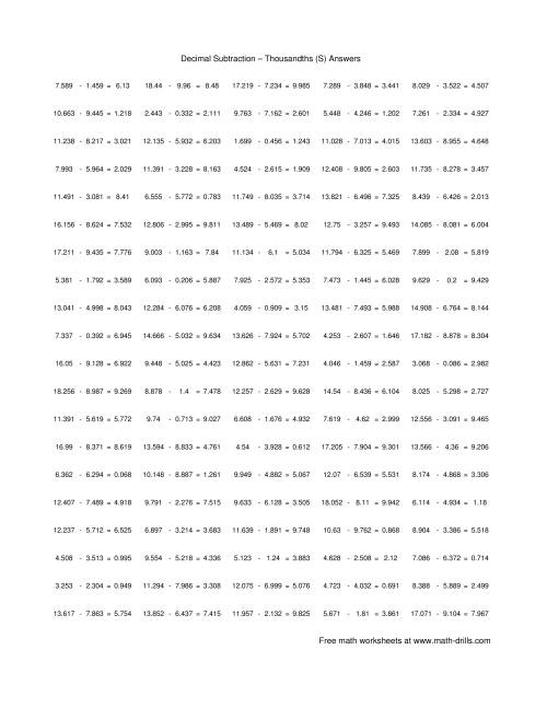 The Subtract Decimal Thousandths (S) Math Worksheet Page 2