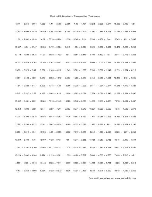 The Subtract Decimal Thousandths (T) Math Worksheet Page 2