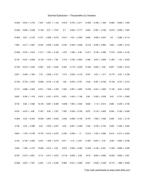The Subtract Decimal Thousandths (U) Math Worksheet Page 2