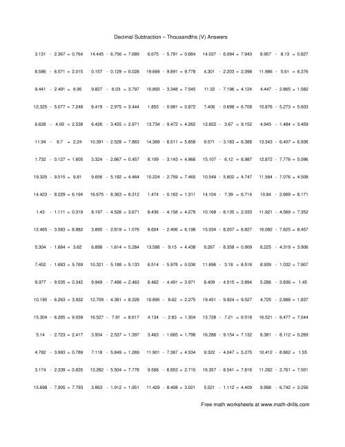 The Subtract Decimal Thousandths (V) Math Worksheet Page 2