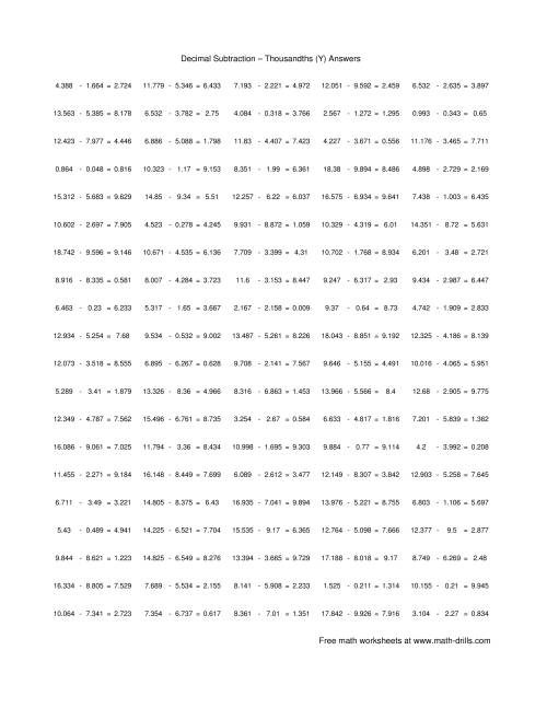 The Subtract Decimal Thousandths (Y) Math Worksheet Page 2