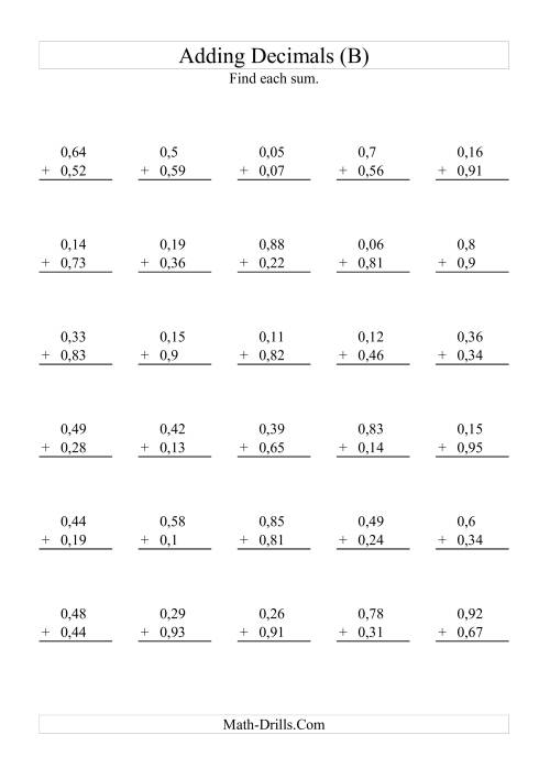 The Adding Decimals (Range 0,01 to 0,99) (B) Math Worksheet