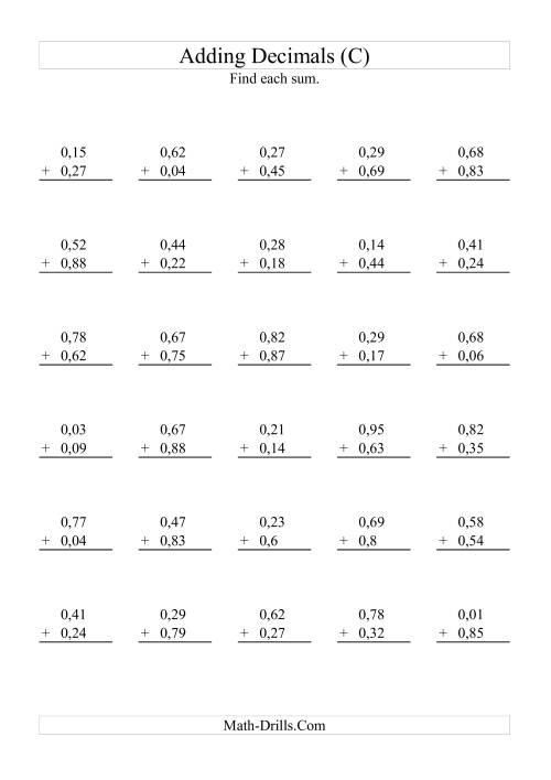 The Adding Decimals (Range 0,01 to 0,99) (C) Math Worksheet