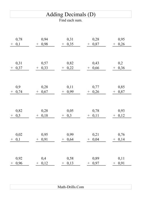 The Adding Decimals (Range 0,01 to 0,99) (D) Math Worksheet