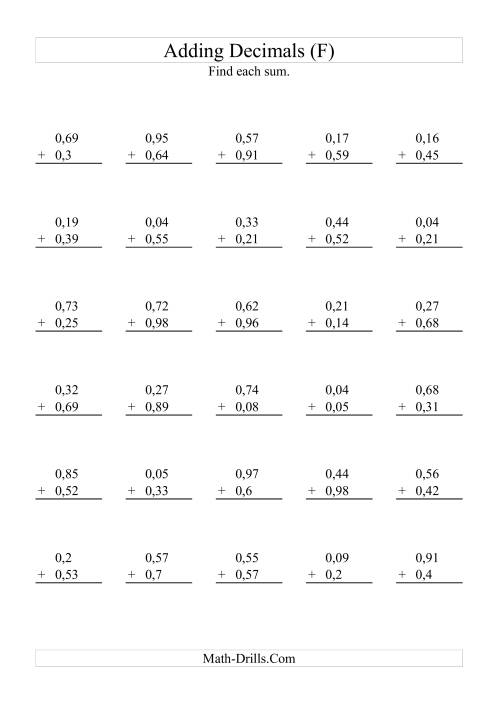 The Adding Decimals (Range 0,01 to 0,99) (F) Math Worksheet