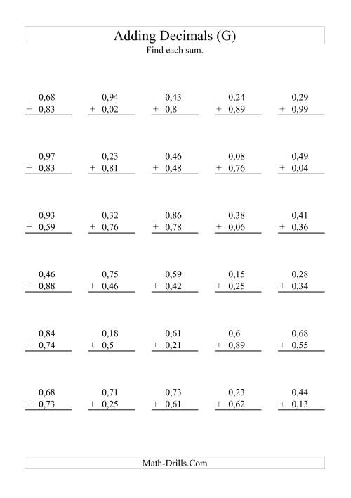 The Adding Decimals (Range 0,01 to 0,99) (G) Math Worksheet