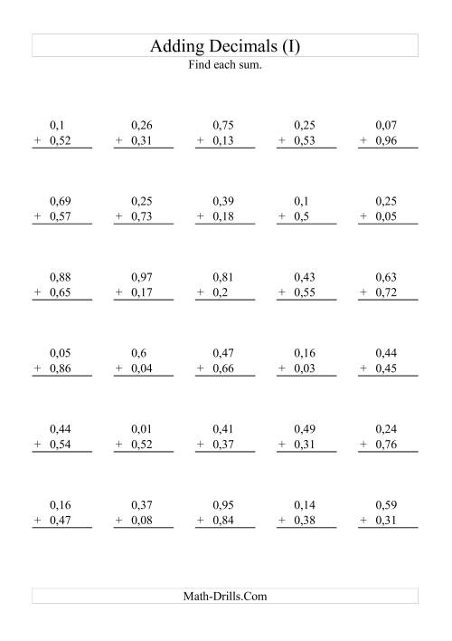 The Adding Decimals (Range 0,01 to 0,99) (I) Math Worksheet