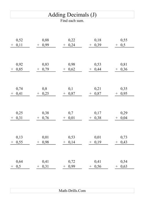 The Adding Decimals (Range 0,01 to 0,99) (J) Math Worksheet