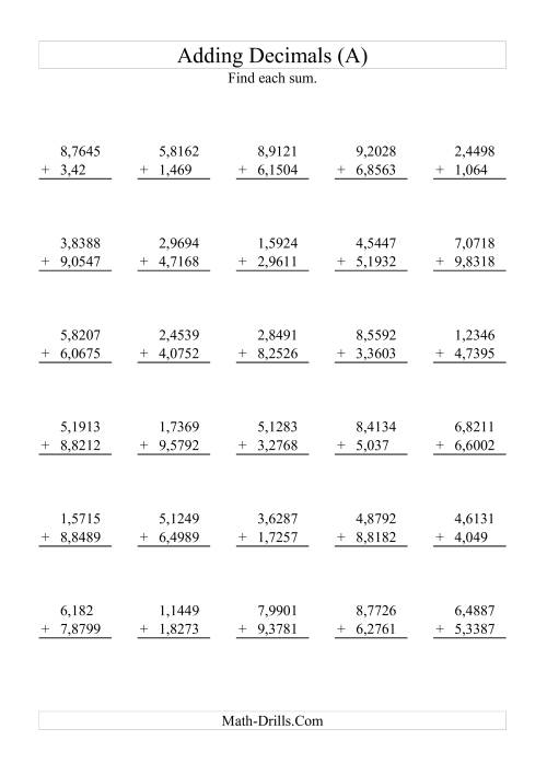 Adding Decimals (Range 11,111 to 11,11111111) (A) Regarding Adding Decimals Worksheet Pdf