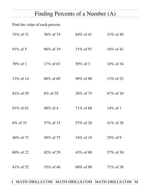 The Finding Percents of a Number (A) Math Worksheet