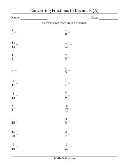 The Converting Fractions to Terminating and Repeating Decimals (A) Math Worksheet