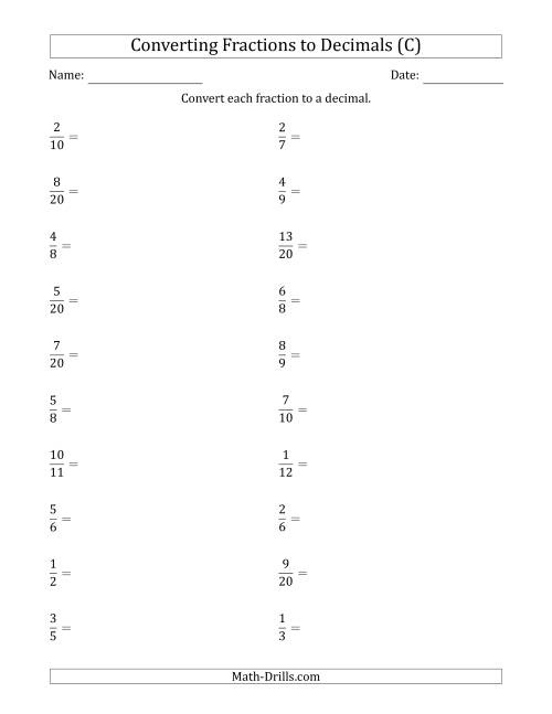 The Converting Fractions to Terminating and Repeating Decimals (C) Math Worksheet