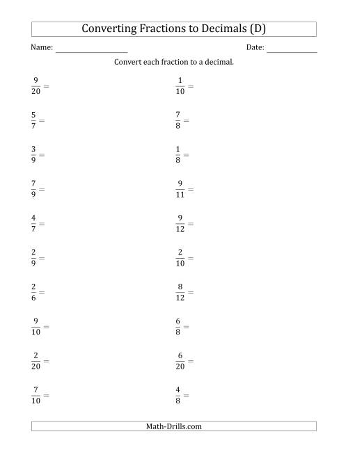 The Converting Fractions to Terminating and Repeating Decimals (D) Math Worksheet