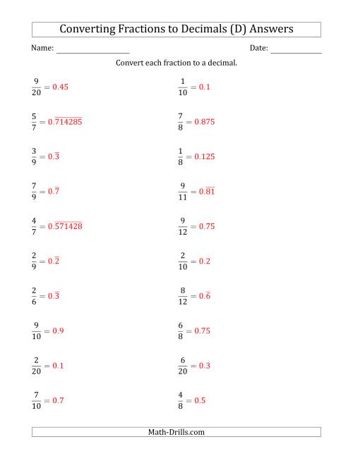 The Converting Fractions to Terminating and Repeating Decimals (D) Math Worksheet Page 2