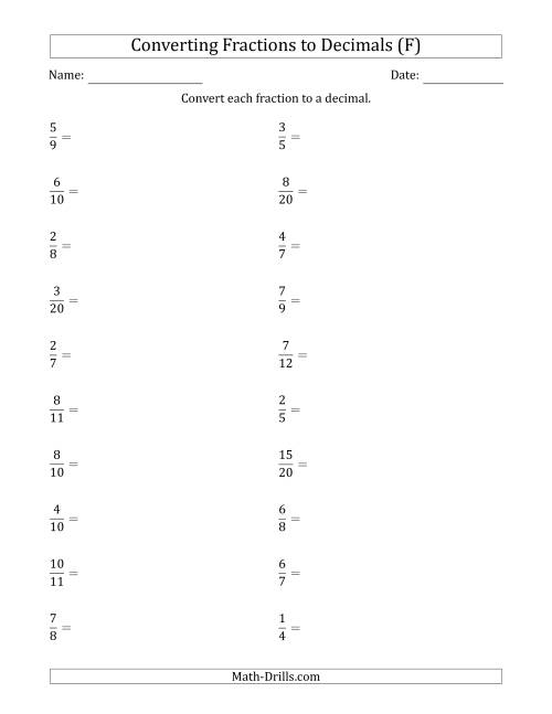 The Converting Fractions to Terminating and Repeating Decimals (F) Math Worksheet