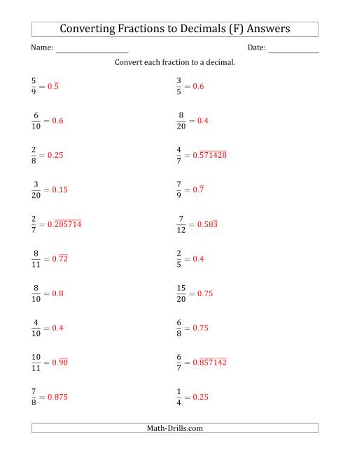 The Converting Fractions to Terminating and Repeating Decimals (F) Math Worksheet Page 2