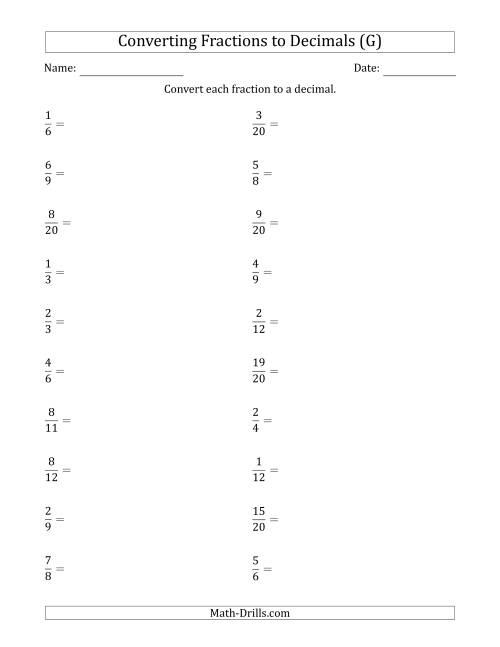 The Converting Fractions to Terminating and Repeating Decimals (G) Math Worksheet
