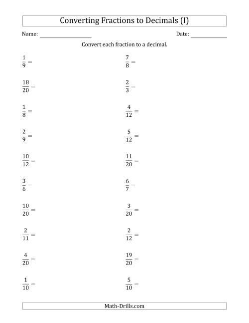 The Converting Fractions to Terminating and Repeating Decimals (I) Math Worksheet