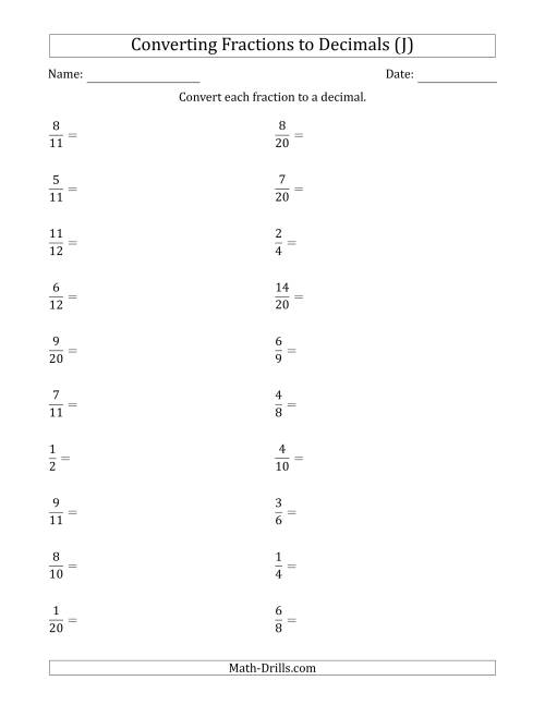 The Converting Fractions to Terminating and Repeating Decimals (J) Math Worksheet