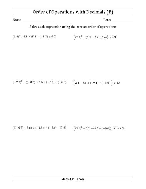 The Order of Operations with Negative and Positive Decimals (Five Steps) (B) Math Worksheet