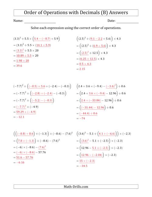 The Order of Operations with Negative and Positive Decimals (Five Steps) (B) Math Worksheet Page 2