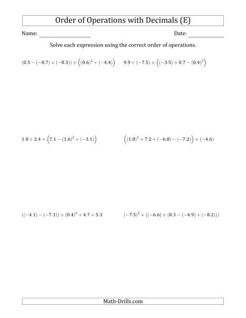 The Order of Operations with Negative and Positive Decimals (Five Steps) (E) Math Worksheet